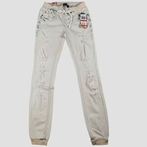 Wall Flower Light Wash Nina Deconstructed Jogger Drawstring Pockets Jeans Jr. XS